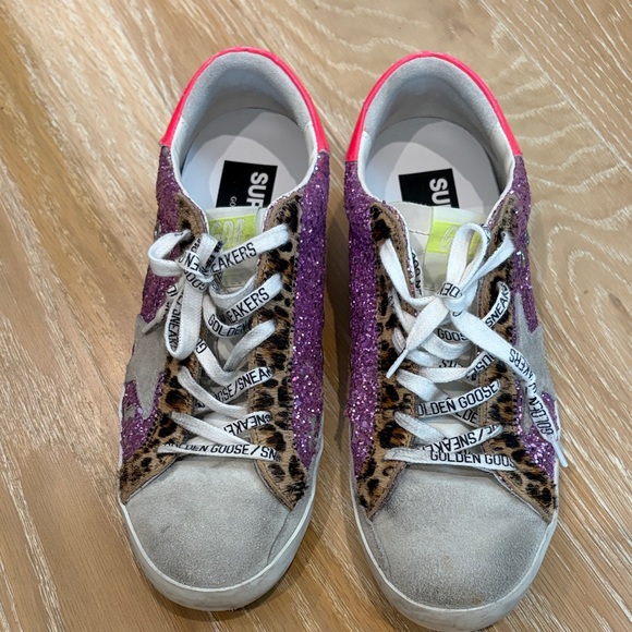 Golden Goose Shoes - Golden Goose Women's Sneakers - Purple Glitter and Tan Leopard